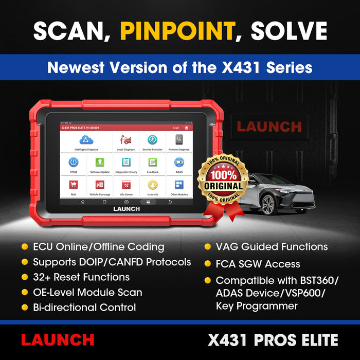 Launch X431 PROS Elite Car Diagnostic Tool for Full System Bidirectional, 32+ Services, ECU Coding, CANFD&DoIP, FCA Autoauth, Guide Function