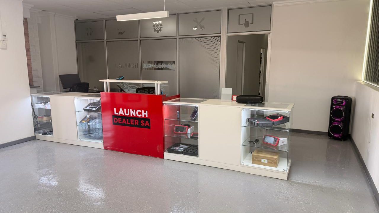 Inside the Launch Dealer SA showroom in Midrand, with LAUNCH diagnostic tools in the display cabinets
