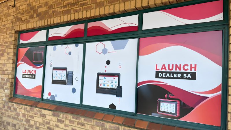 Launch Dealer SA shop window in Midrand showing LAUNCH X431 diagnostic tablets